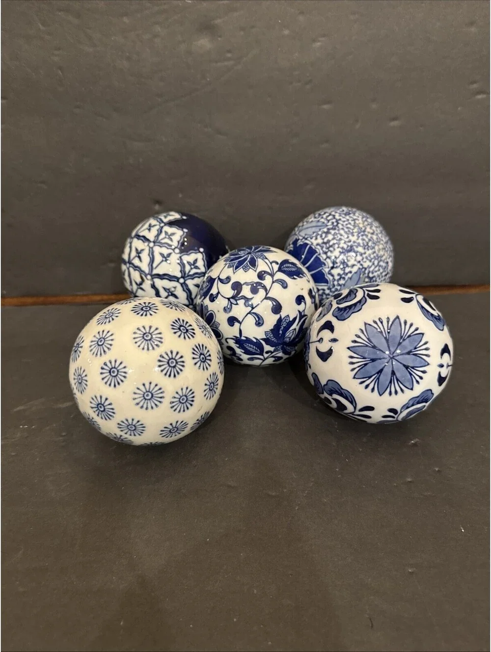 Pier 1 Imports Set of 5 Blue and White Decorative Orbs Balls 3”
